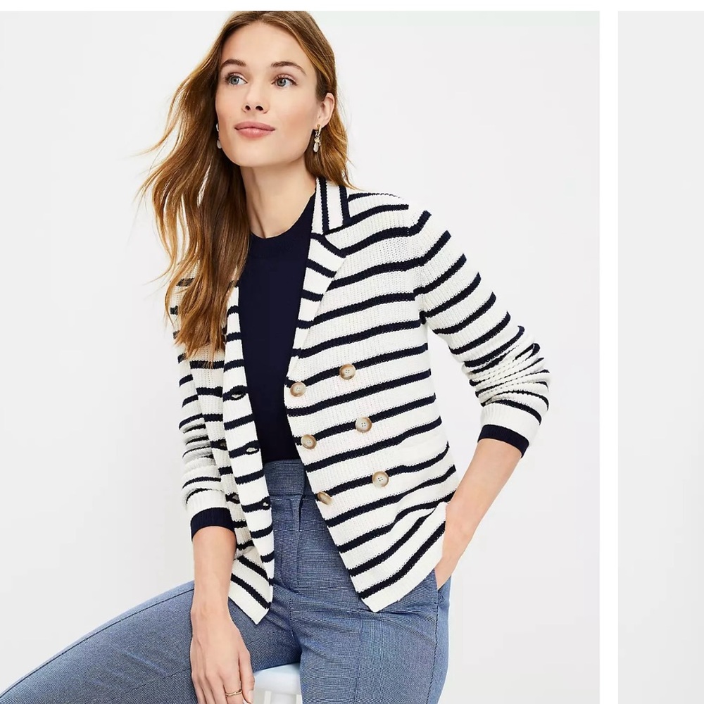NWT Loft XS Stripe Ribbed Double Breasted Sweater Jacket - Picture 3 of 9